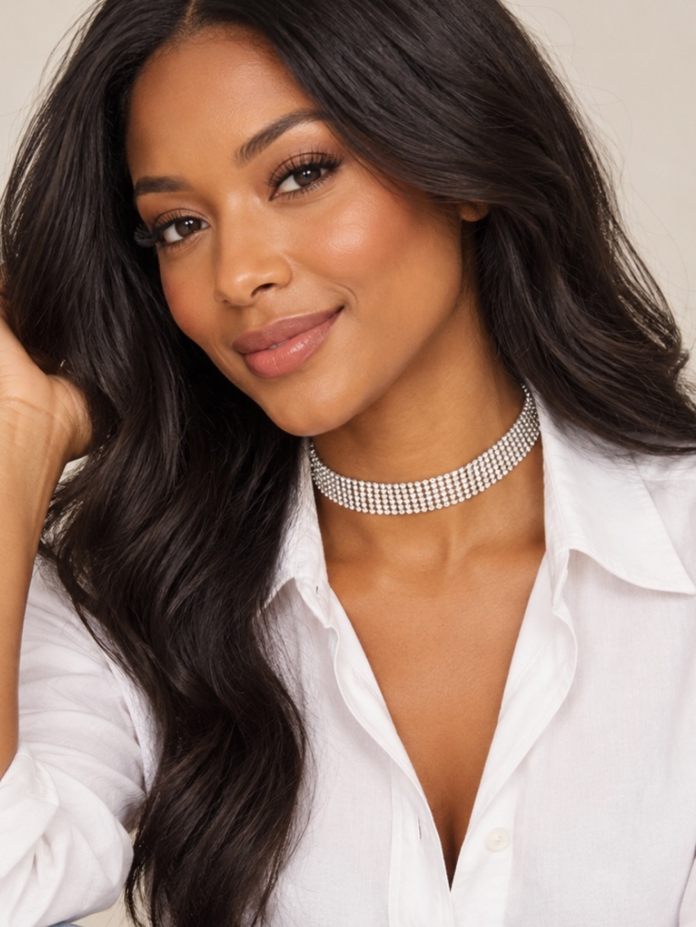 New! Silver Rhinestone Crystal Multi-Row Statement Choker Necklace NWOT